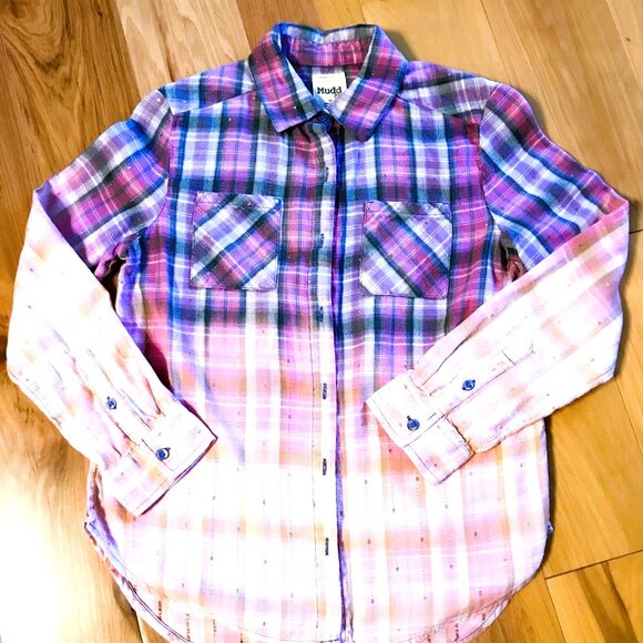 Girl's Bleached Painted Shirt, Size 14: Upcycled Inspirational Purple Plaid Top - Picture 6 of 9
